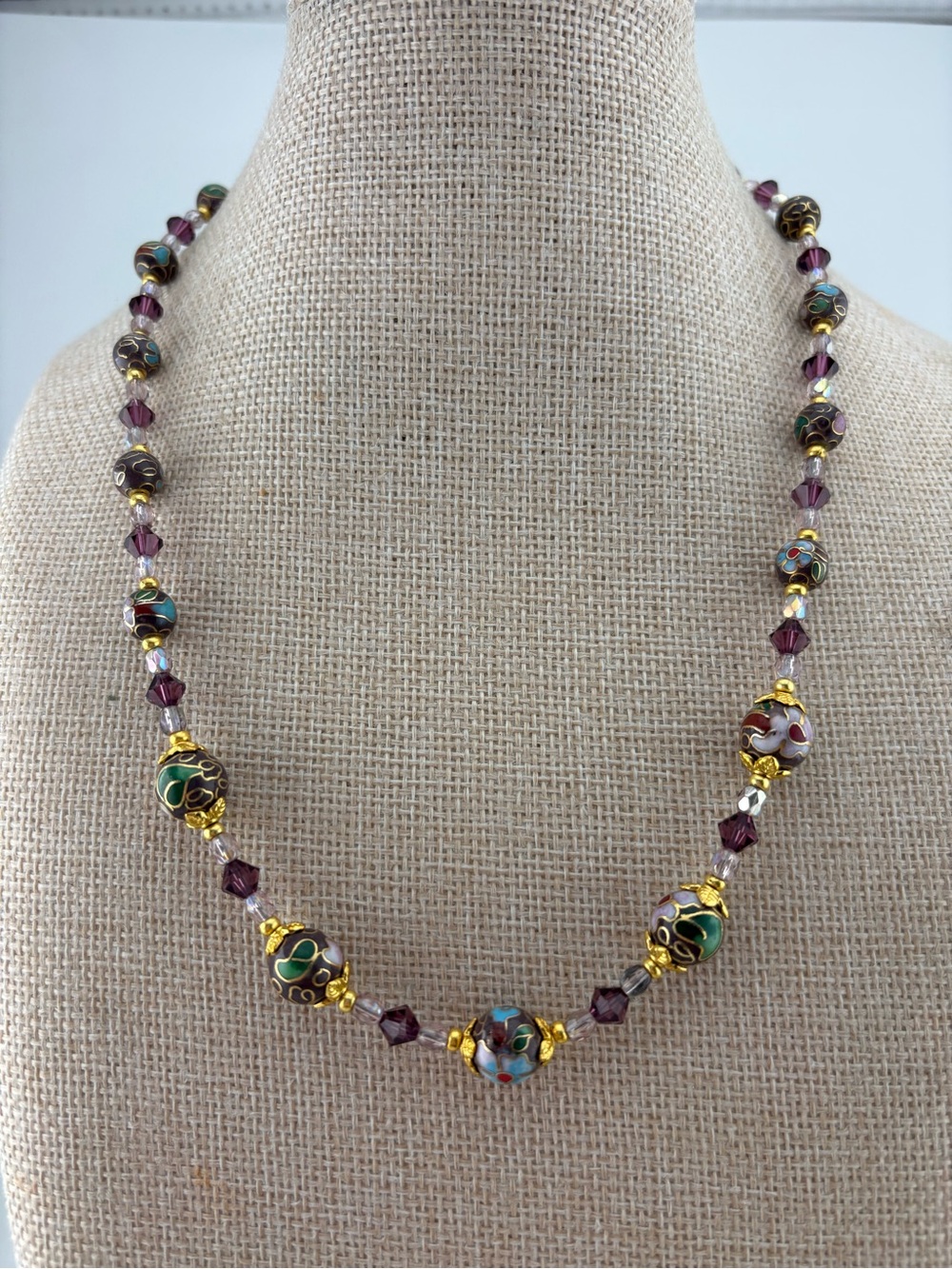Purple Cloisonné Bead Necklace with Purple Crystal Accents 18-20’ - Picture 6 of 7